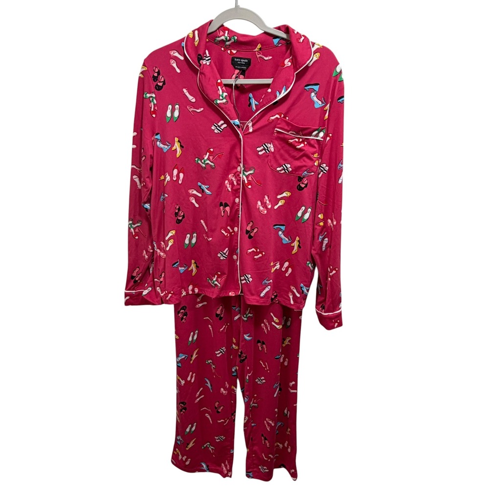 Kate Spade New York Pink High Heel Shoe Print Pajama Set Long Sleeve Pants M
